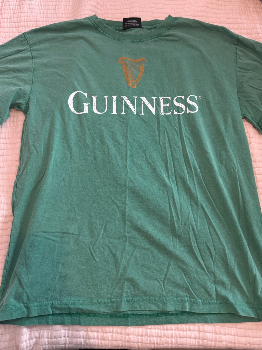 Guinness Green Short Sleeve Tee with White Logo and Gold Harp